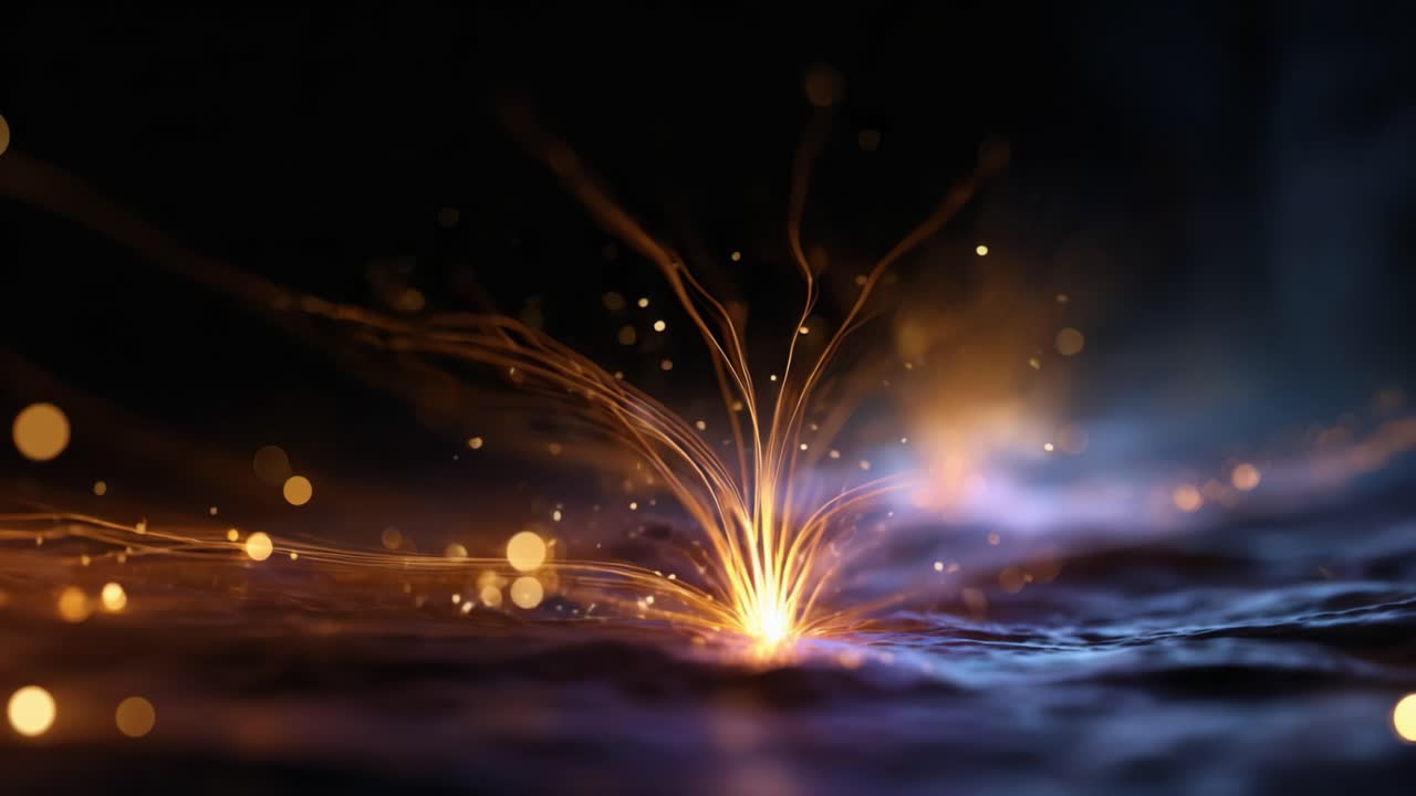 Un'ipnotica rappresentazione di luminosi filamenti dorati che emergono da una superficie fluida e scura, creando uno straordinario effetto visivo di luce e movimento nel regno digitale.