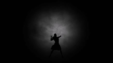 a modern youth dance performed by a graceful and sexy female silhouette, in the smoke against the backdrop of spotlights