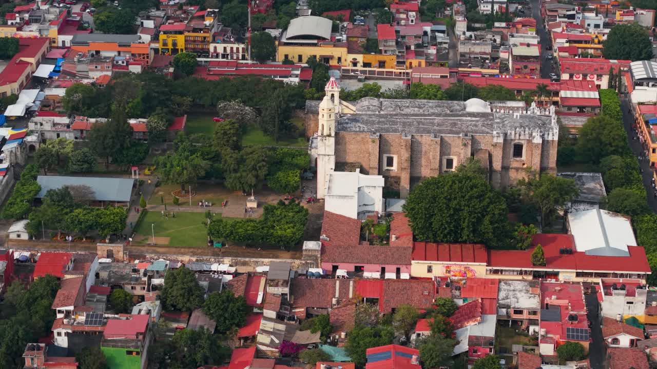 Aerial footage of main parish church in Tepoztlan, Morelos, Mexico