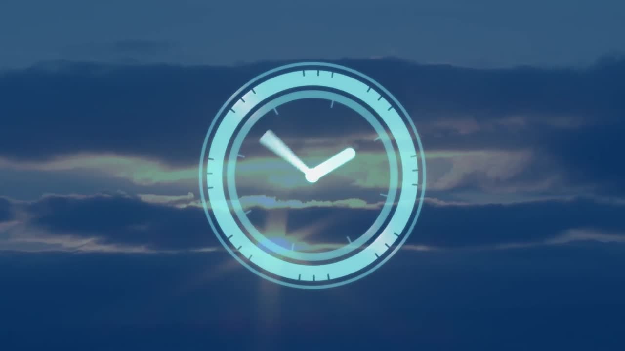 풍경 위에서 빠르게 움직이는 시계의 애니메이션