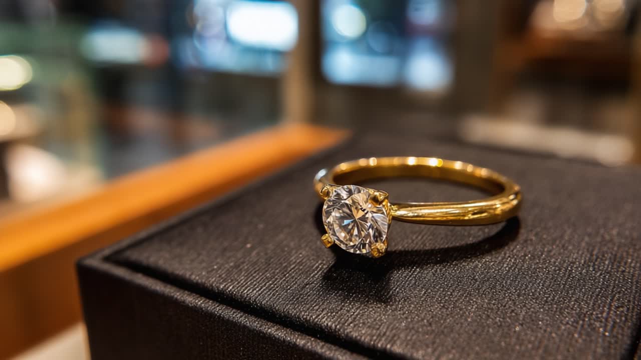 Ein atemberaubender Goldring mit einem brillanten Diamanten, elegant präsentiert in einer Juwelierauslage, der die Essenz von Luxus und zeitloser Schönheit einfängt.