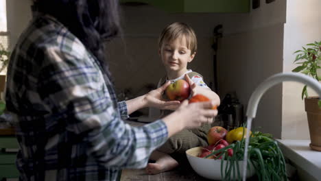 Mujer-Caucásica-Lavando-Una-Manzana-En-El-Fregadero-Mientras-Habla-Con-Su-Hijo.