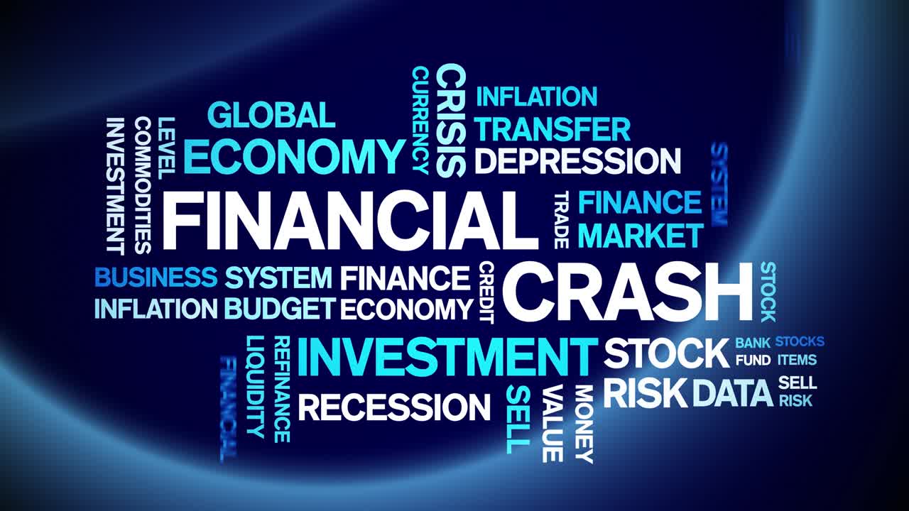 4k Financial Crash Animated Tag Word Cloud,Text Design Animation seamless loop.