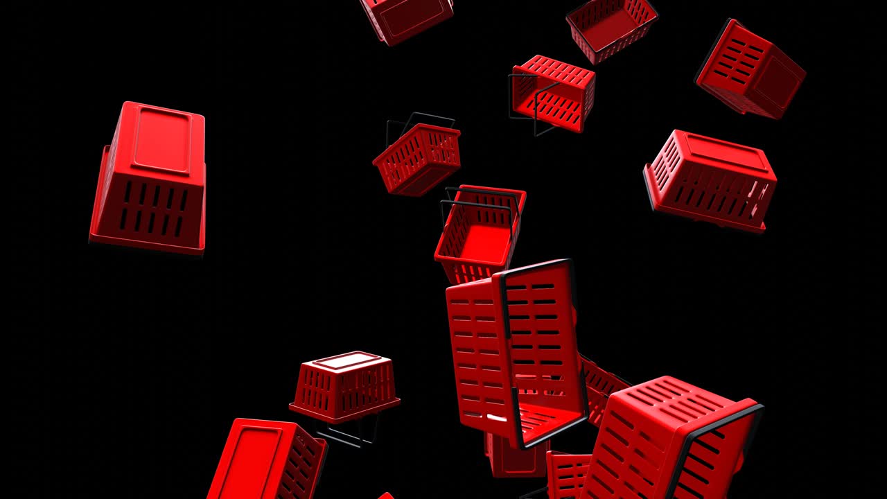 검은색 배경에 빨간색 플라스틱 쇼핑 바구니.