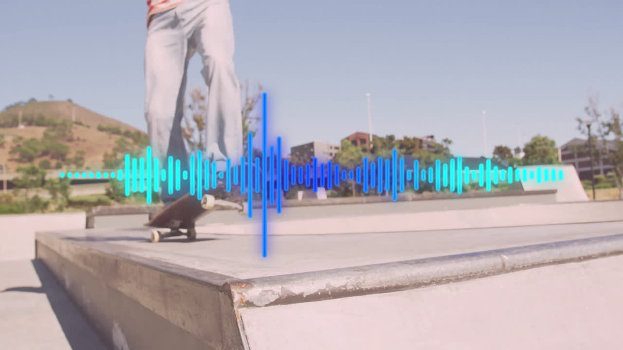 man performing skateboard trick on concrete ledge featuring blue waveform overlay for technology