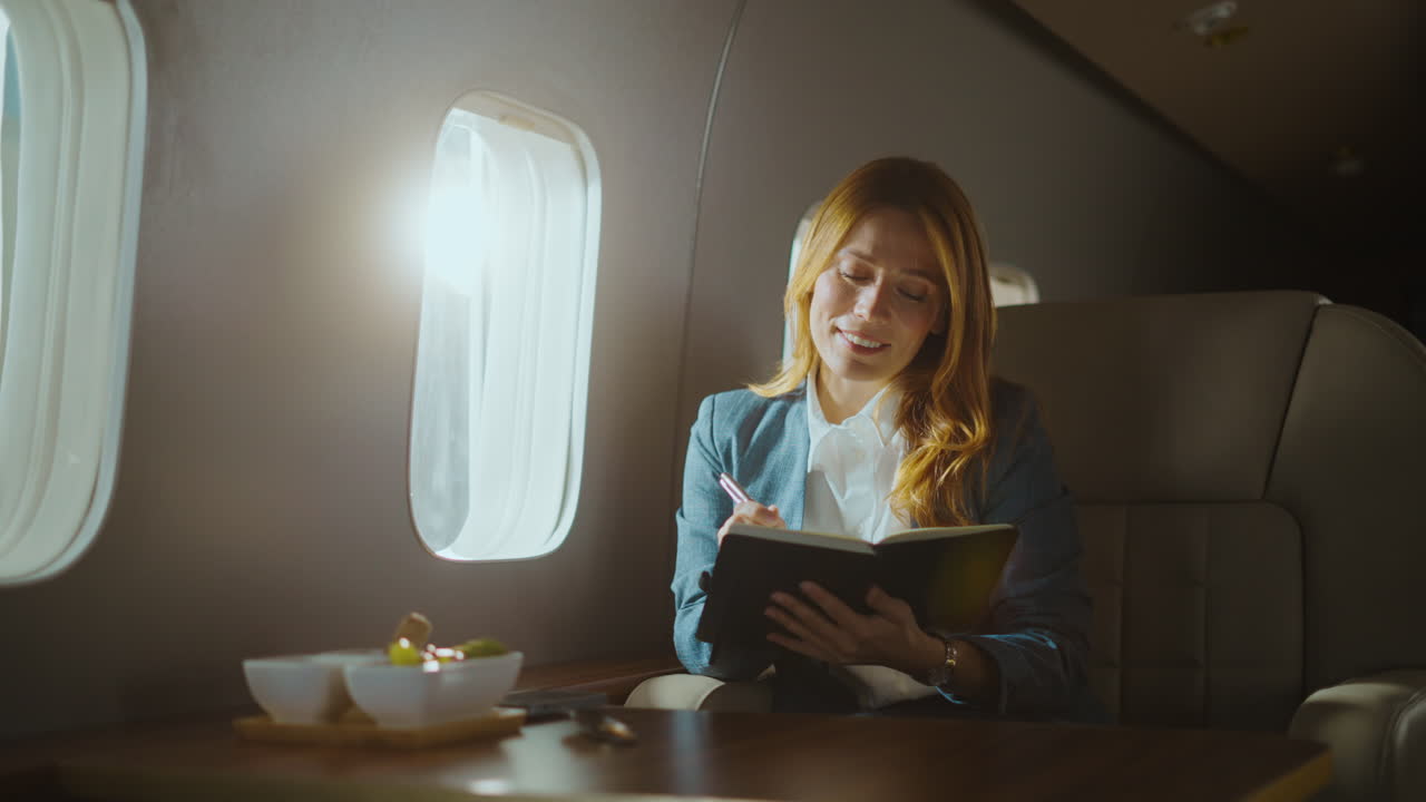 Businesswoman working on private jet