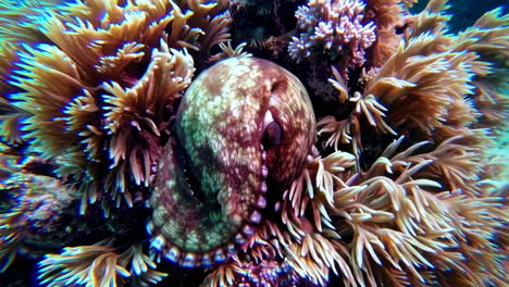 octopus camouflaged in coral reef