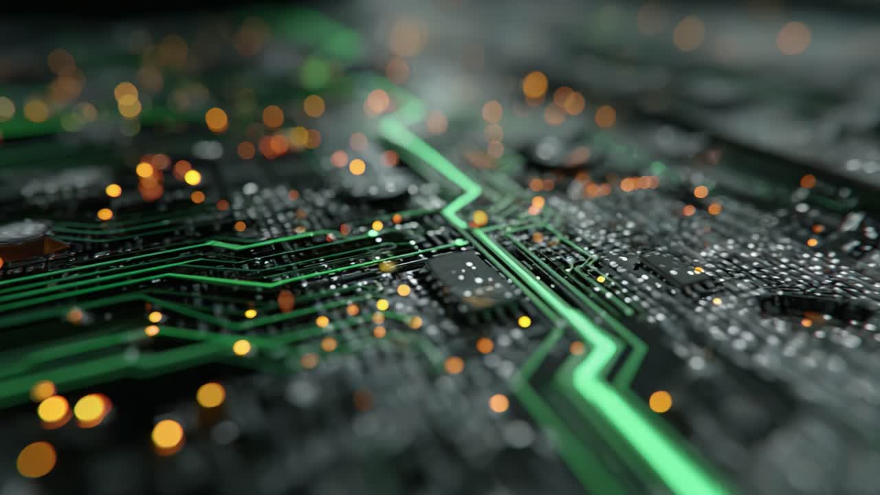 Dynamic Electronic Circuitry Close-Up with Illuminated Pathways Showcasing Advanced Technology and Connectivity in a Complex Digital Environment