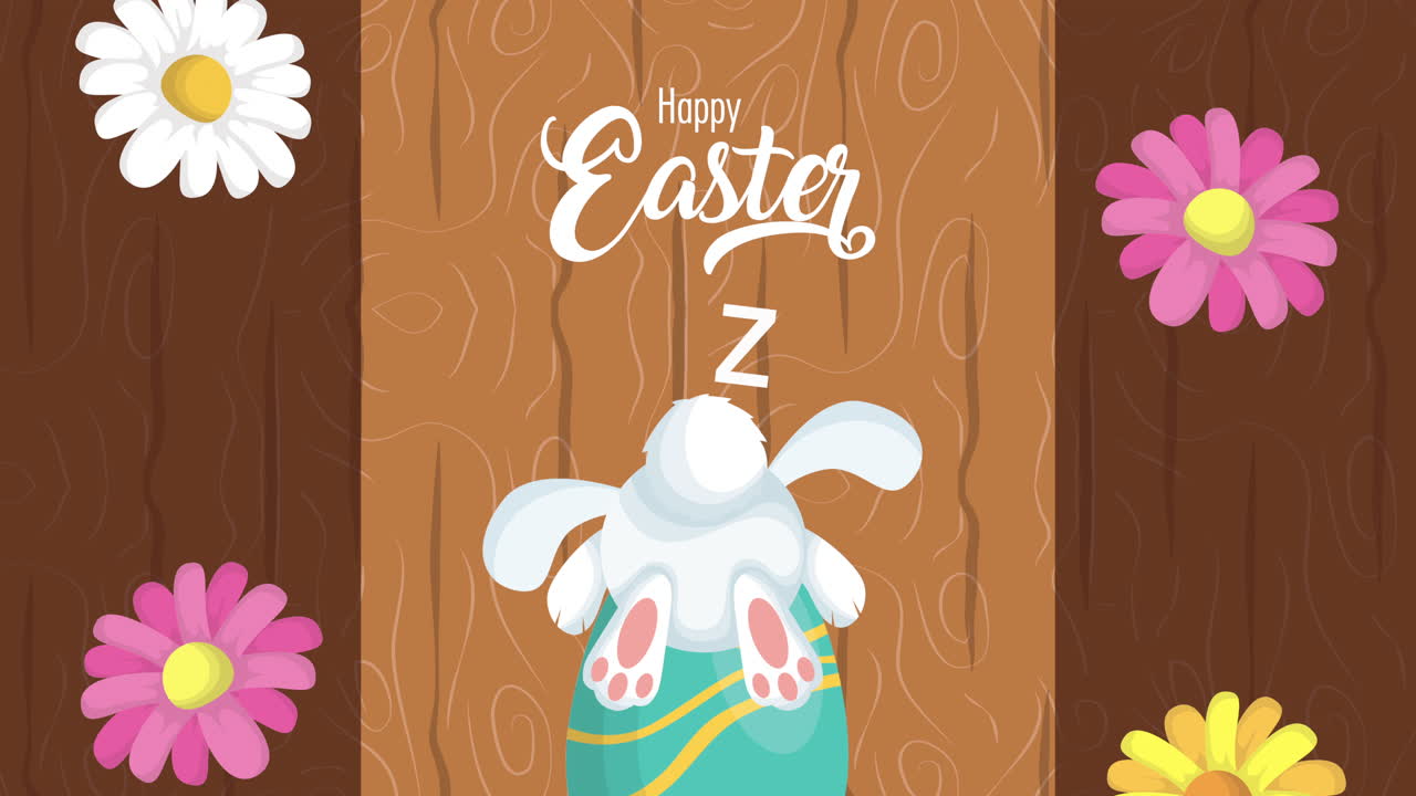 꽃 프레임 에 그려진 토끼 와 달 을 가진 행복 한 부활절 애니메이션 카드