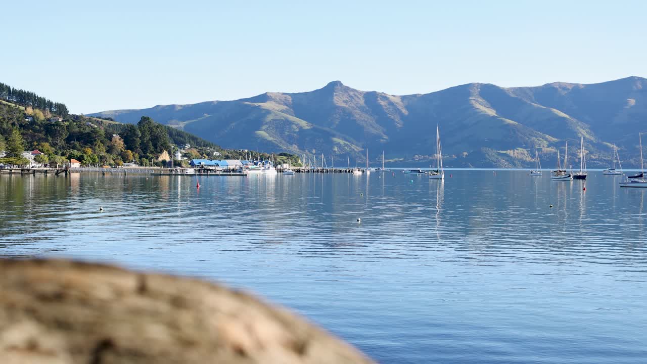 Calm waters and distant hills under clear skies in Akaroa, captured with steady camera work and natural lighting