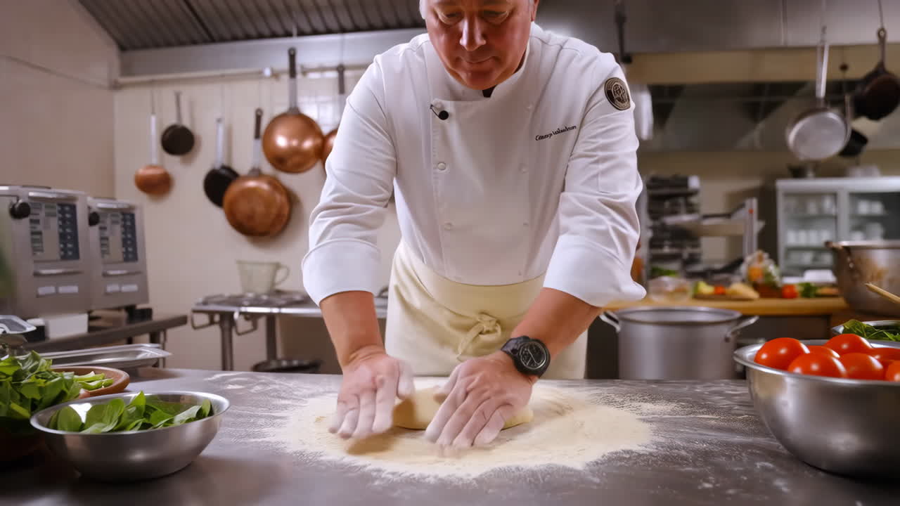 Uno chef che impasta la pasta in una cucina professionale