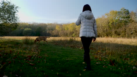 Una-Mujer-Asiática-Entrando-En-Un-Campo-Con-Su-Perro