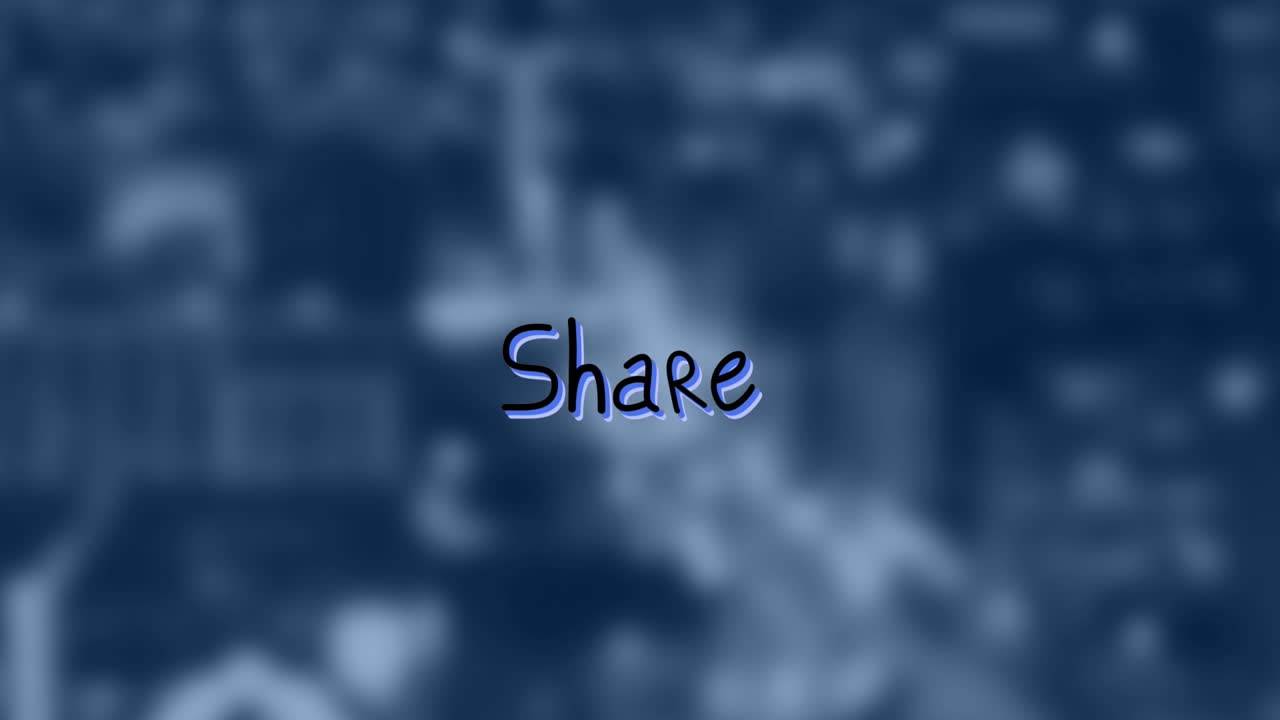 Animation of share text with arrows over out of focus cityscape