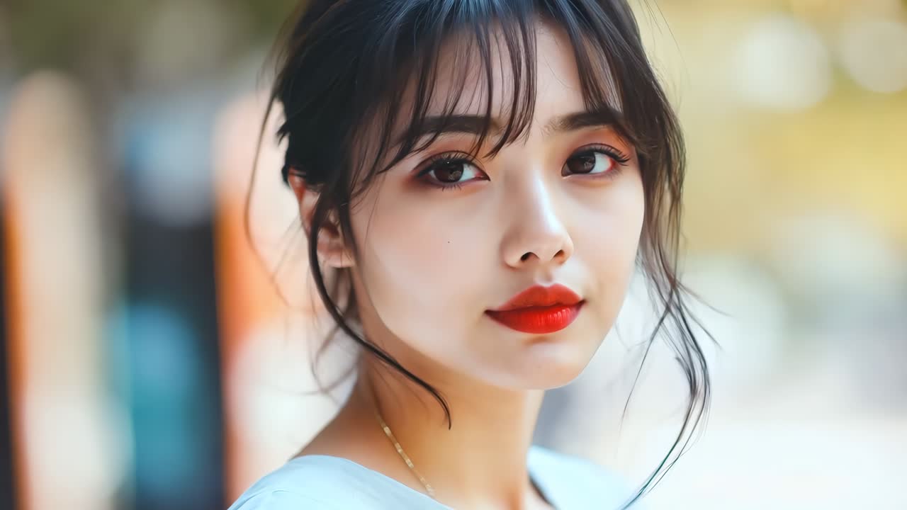 una mujer con cabello largo y negro y lápiz labial rojo