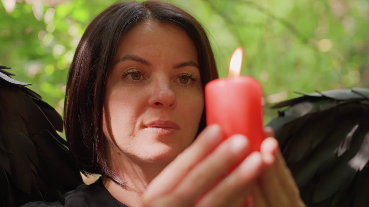 Close up of magician holding burning red candle while praying in forest, eyes focused on flame with gentle forest light reflecting on hands, symbolizing hope and mystical spiritual connection