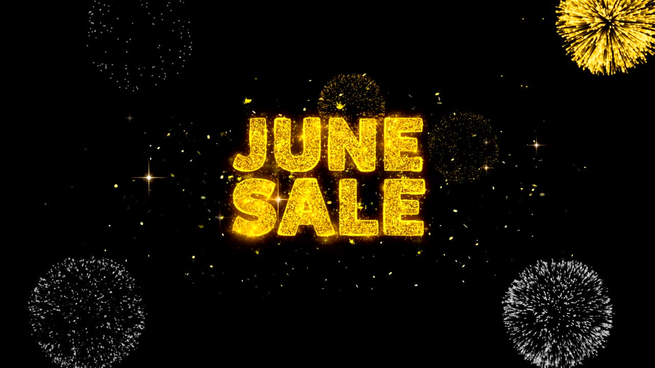 6 월 판매 텍스트는 반이는 황금 입자 불꽃놀이를 보여줍니다.