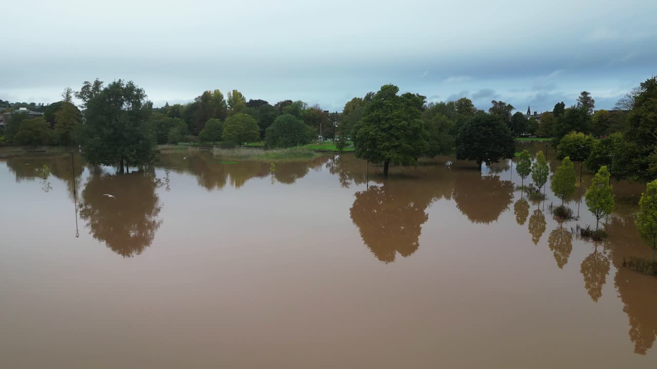 Footage revealing park covered by water during catastrophic floods in Perth, Scotland on 8