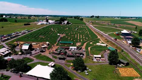 amusements in amish countryside, by train tracks as seen by drone