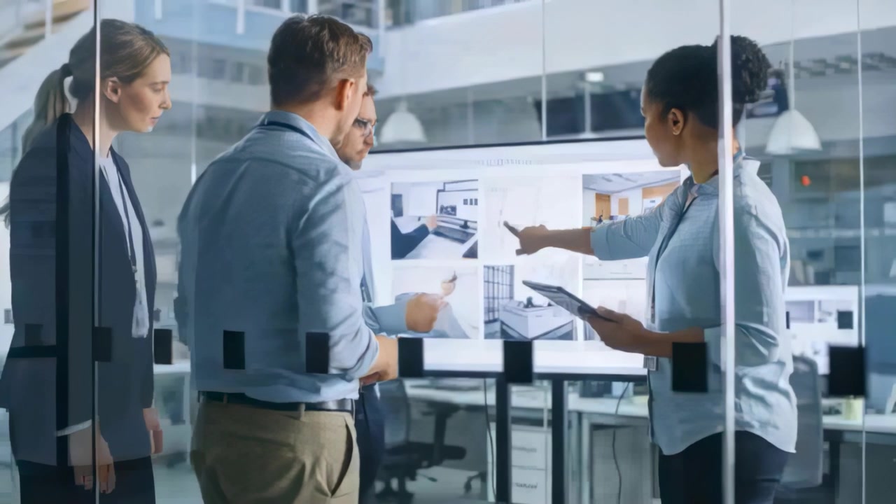 Uomo con gli occhiali che indica, stimolando il team dell'ufficio in una sala vetrata, mentre confrontano i design dei display con un tablet.