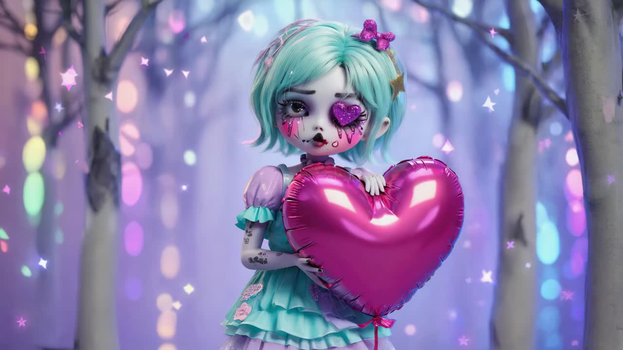 Whimsical Gothic Doll Holding a Pink Heart Balloon