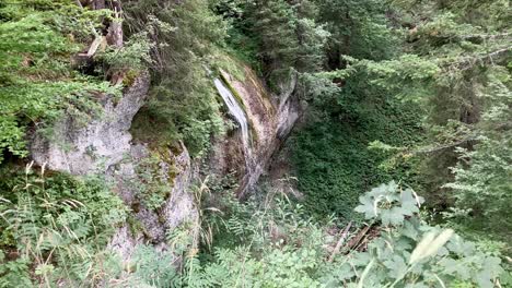 small beautiful waterfall in the mountains surrounded by rocks and green trees