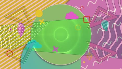 animación digital de formas abstractas coloridas que se mueven contra un fondo de gradiente púrpura