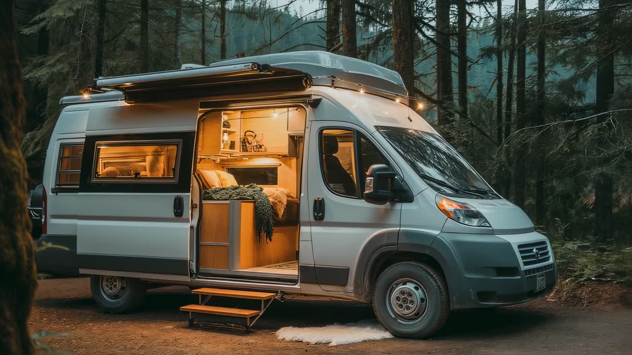 Warm interior lights illuminate a camper van parked in a tranquil forest, creating a cozy and inviting atmosphere for a peaceful night's stay surrounded by nature
