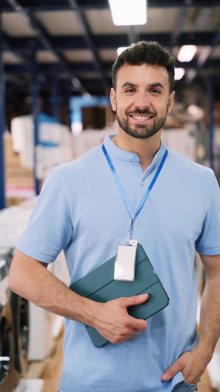 Funcionário Sorrindo Segurando Tablet no Armazém
