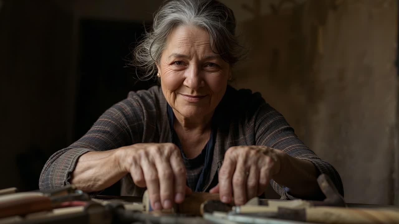 Donna anziana in cardigan a righe che prende un pezzo di legno, allineandolo e levigandolo su una panca per l'intaglio.