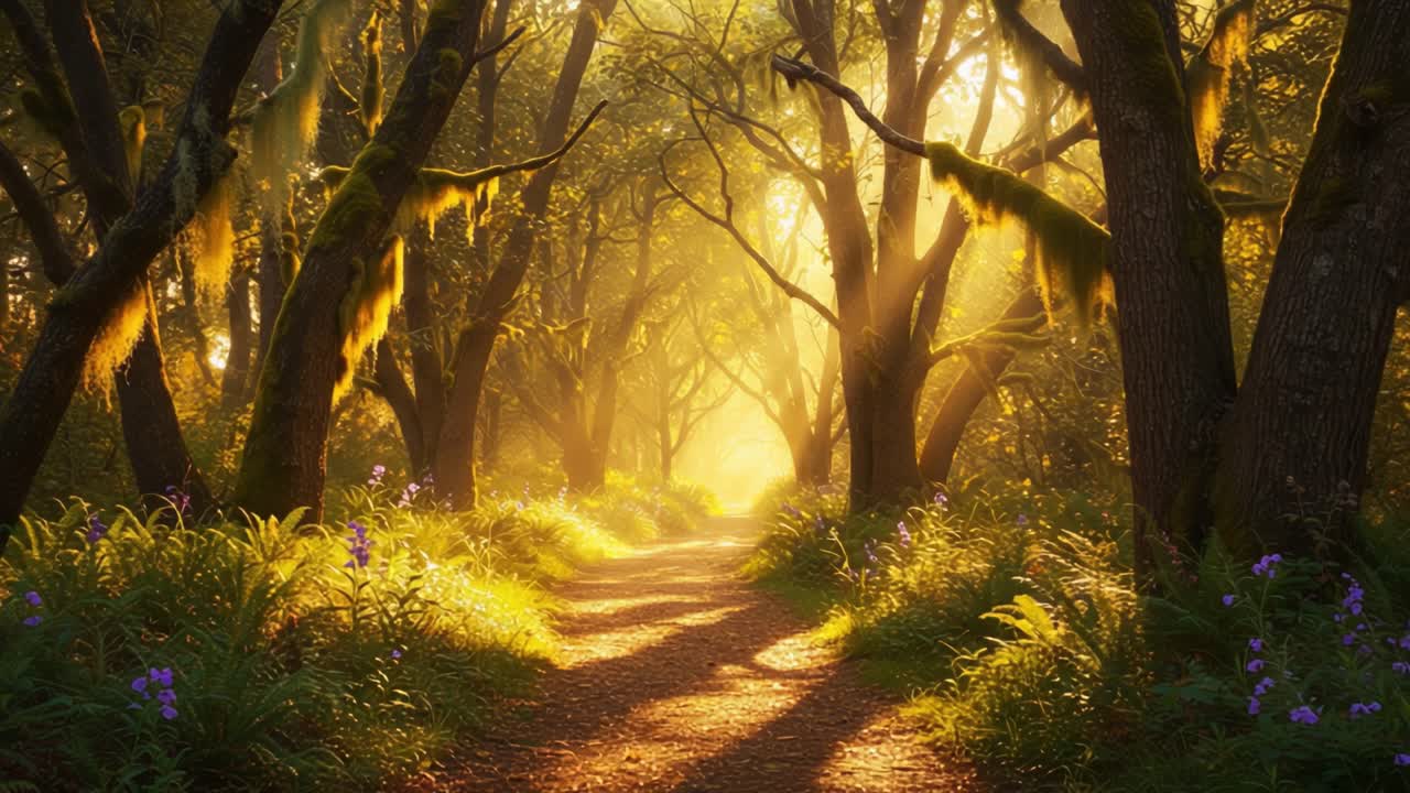 A Serene Sunlit Path Through a Lush Forest with Radiant Light Filtering Through the Trees and Vibrant Wildflowers Along the Sides