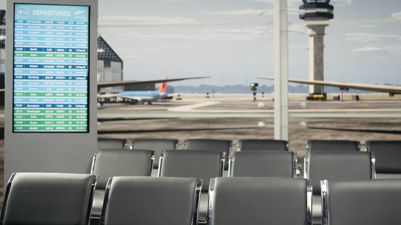 Sala d'attesa aeroportuale vuota con panchine in metallo e pista aerea
