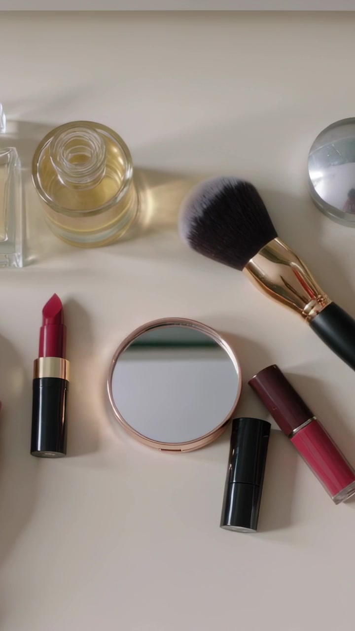 Vertical video: Entering hands arranging makeup neatly on vanity, placing lipstick mirror brush