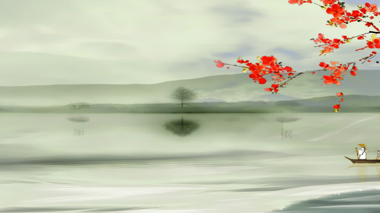 환상적인 밝은 분위기 아름다운 그림의 풍경 잉크 배를 통과 산 아침 하늘, 산, 꽃, 호수, 간단한 애니메이션으로 고대 집 일본어 중국 애니메이션 수채화 스타일