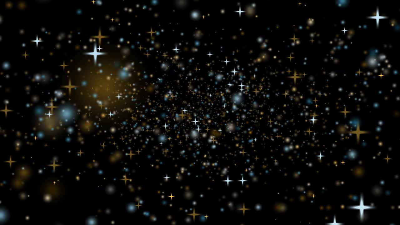 깊은 공간, 금, 눈, 얼음, 별 먼지가 천천히 떠다니며 검은 스크린에 희미해진다.