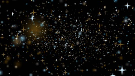 zoom fuera del espacio profundo oro nieve y hielo polvo de estrellas flotando lentamente y desvanecido en la pantalla negra