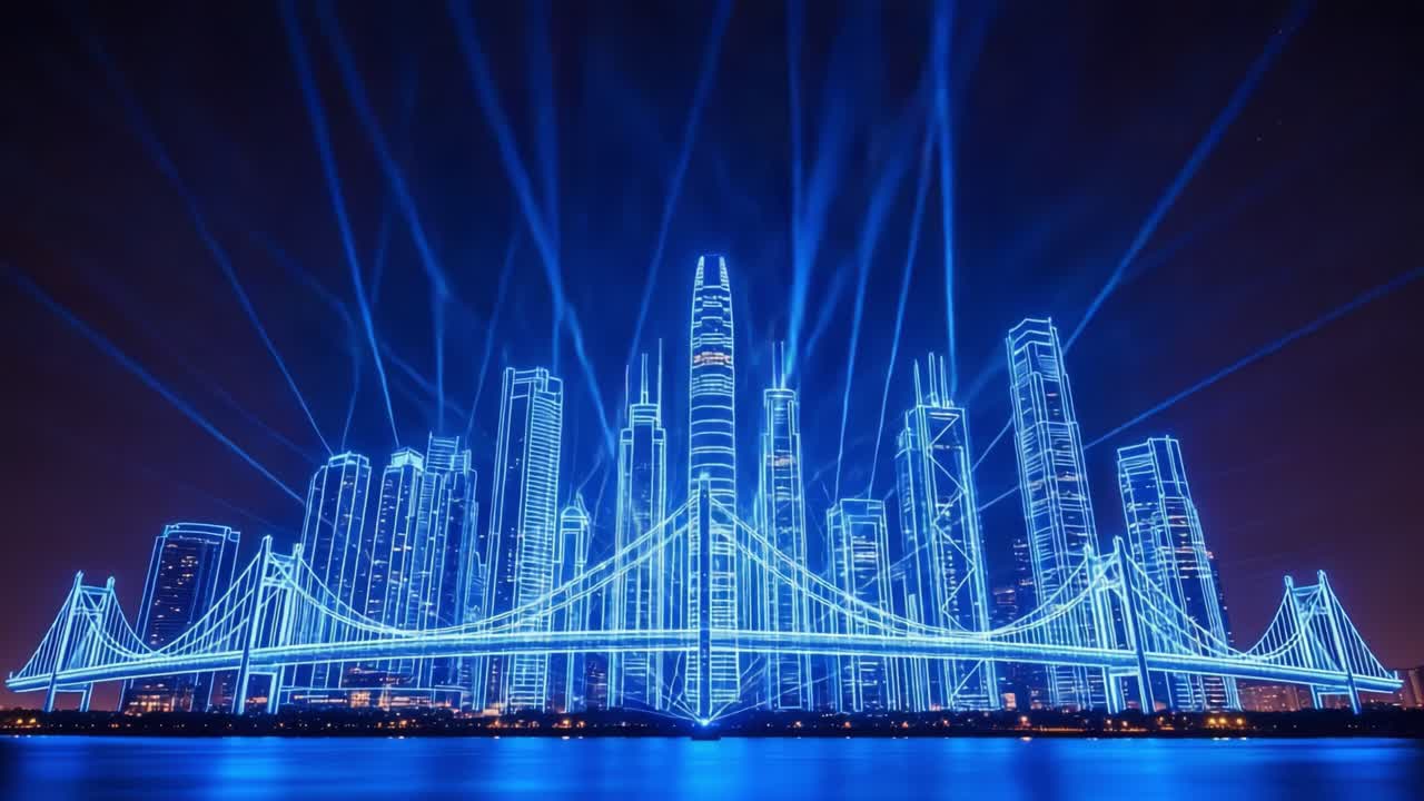 A Stunning Display of Blue Laser Lights Illuminating a Modern Skyline and Bridge, Creating a Captivating Nighttime Cityscape in an Urban Setting