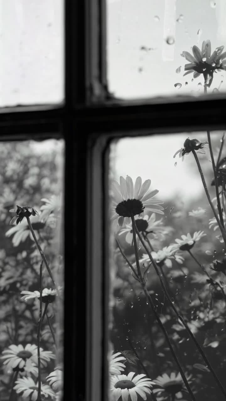 Black and white video still of daisies through a rain-speckled window, captured from a low angle