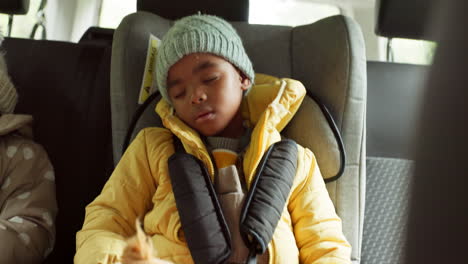 car, travel and child sleep in backseat on road