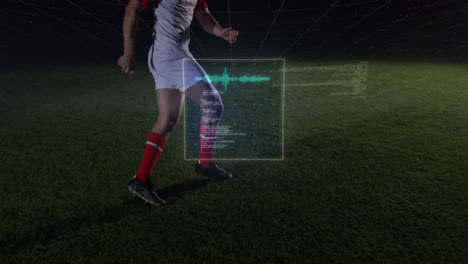 animación del procesamiento de datos diversos sobre un jugador de fútbol caucásico en el estadio