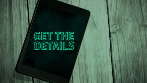 animación de palabras de estilo neón verde obtener los detalles parpadeando en la pantalla de la tableta digital