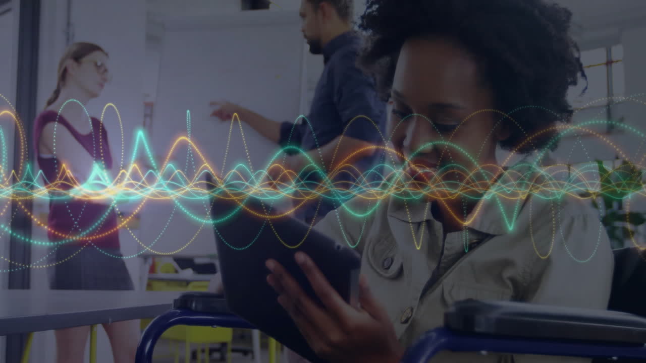 Woman using tablet in business office while man presenting at whiteboard with floating data waves