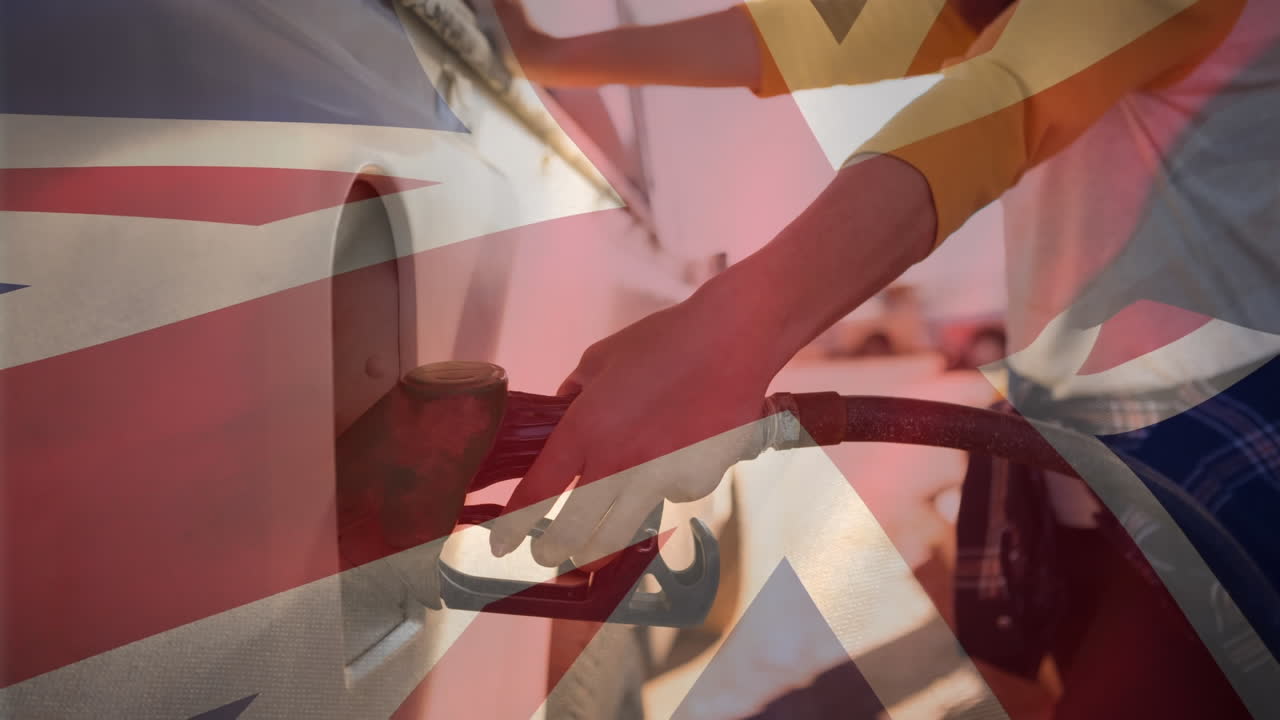 animación de ondear la bandera del reino unido sobre las bombas de gasolina