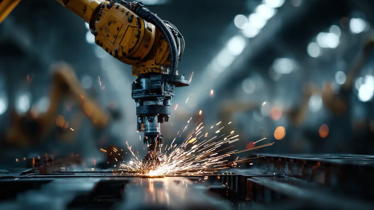 Lengan Robotik Canggih Melakukan Pengelasan Presisi di Lingkungan Manufaktur Berteknologi Tinggi, dengan Percikan Api yang Beterbangan dan Fokus pada Proses Industri Otomatis