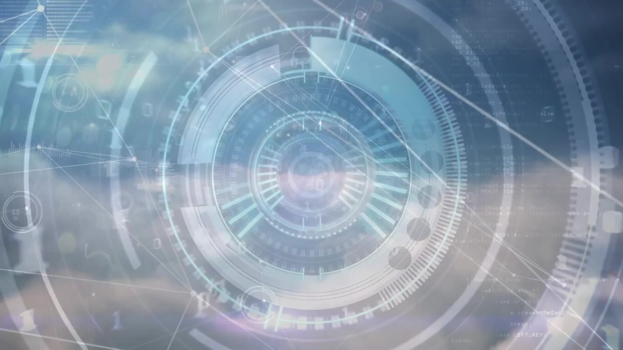 Animation of network of connections with data processing over scope scanning and sky with clouds