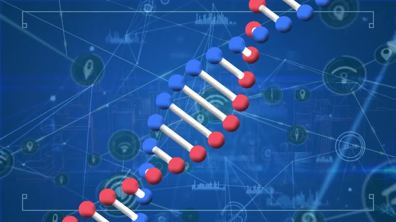 Animation of spinning dna structure and network of digital icons against spinning 3d city model