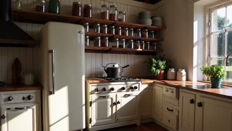 cozy farmhouse kitchen interior with open shelves