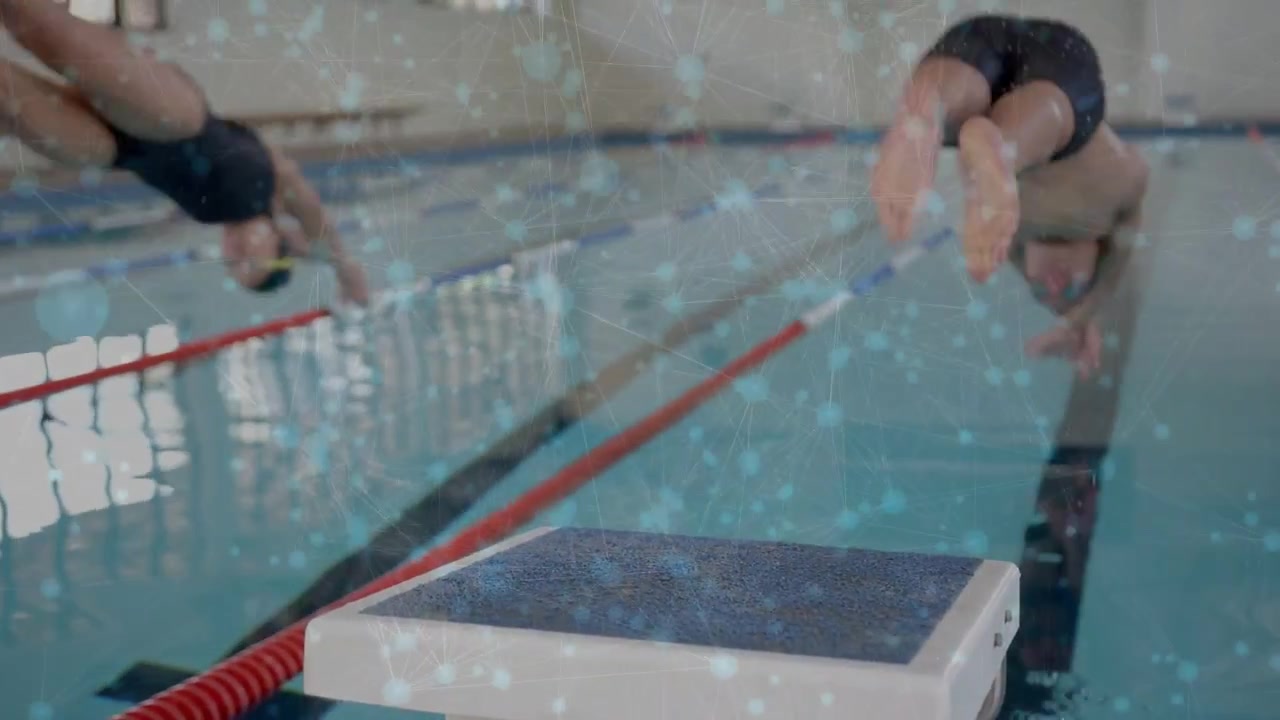 Two swimmers pushing off block, diving, racing sports, creating splashes, particles overlaying lens