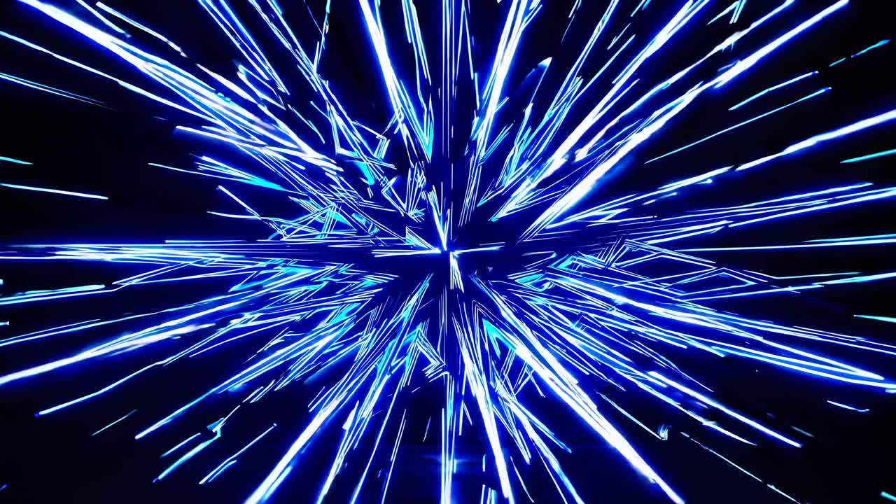 Dynamic video concept with a burst of blue neon light streaks, captured from a central perspective