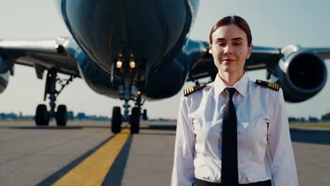 young female pilot standing confidently on runway, smiling near large passenger airplane, embodying professional aviation career and personal achievement