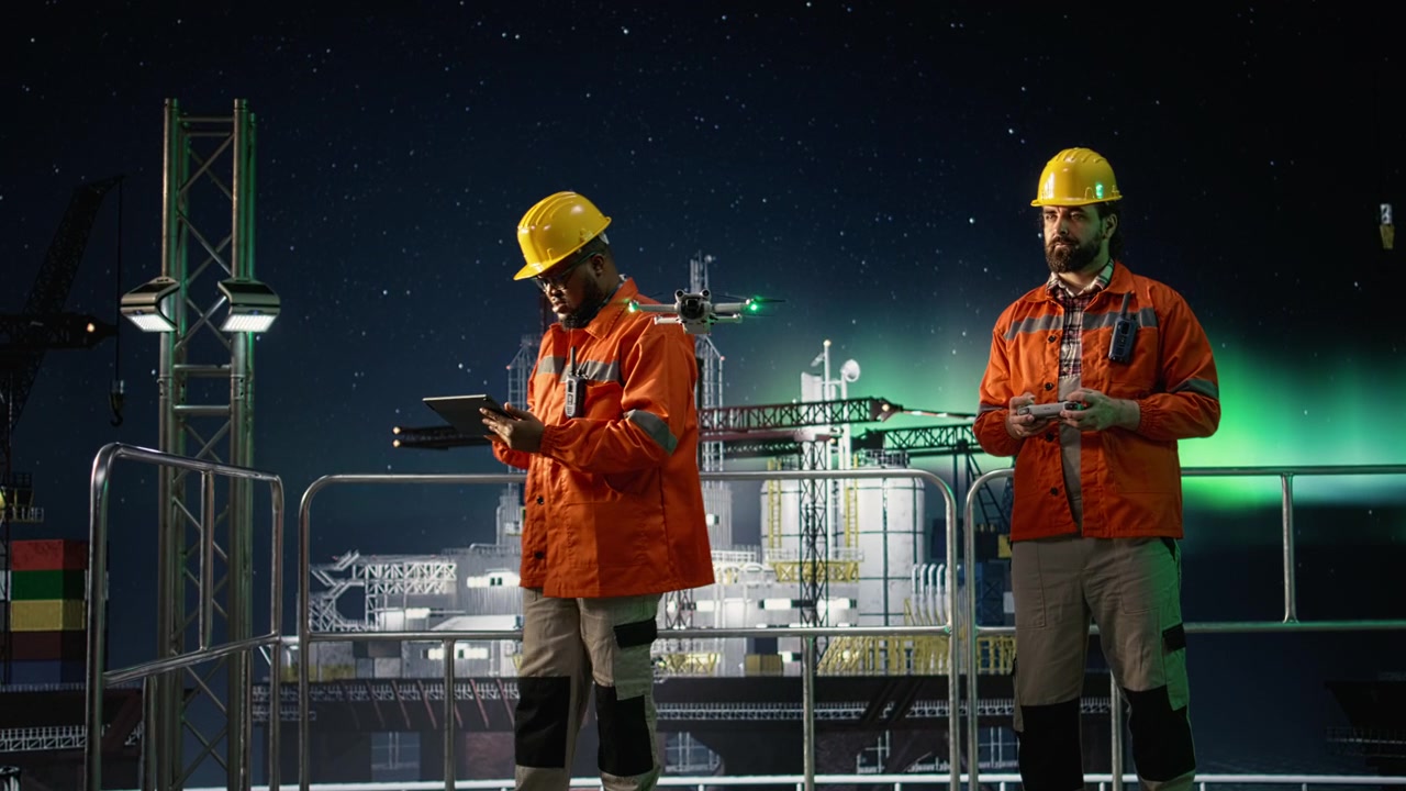 Offshore platform engineers use drones to find fossil reserves during oil crisis